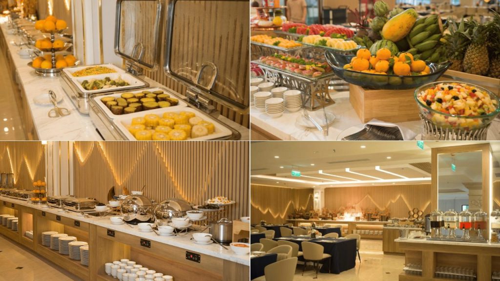 Không gian buffet sáng sang trọng tại MerPerle Dalat Hotel với đa dạng món ăn phục vụ du khách (Nguồn: MerPerle Dalat Hotel)