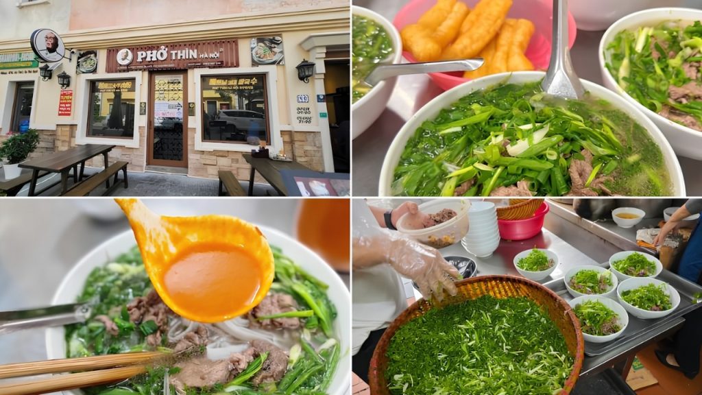 Phở bò tái lăn với thịt bò xào và hành hoa tại Phở Thìn Lò Đúc