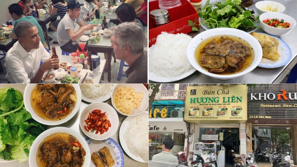 Bún chả thịt nướng than hoa ăn kèm bún tươi và nước chấm tại Hương Liên
